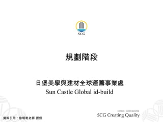 規劃階段 日堡美學與建材全球運籌事業處 Sun Castle Global id-build 資料引用：徐明乾老師 提供 