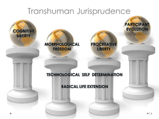 MORPHOLOGICAL
FREEDOM
PARTICIPANT
EVOLUTION
PROCREATIVE
LIBERTY
COGNITIVE
LIBERTY
14
TECHNOLOGICAL SELF DETERMINATION
RADICAL LIFE EXTENSION
Transhuman Jurisprudence
 