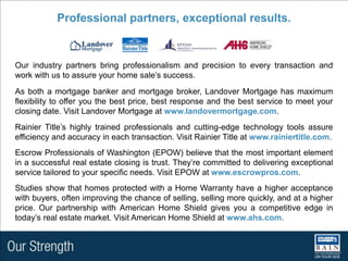   Post-closing advice and issues resolutionCount on me to be your advocate.Analyzing an offer is a crucial point during the home selling process. I know the ins and outs of real estate contracts and will use that knowledge to your advantage. Through Coldwell Banker Bain’s extensive training opportunities, I stay up-to-date with issues and trends in contract management, so I can help you obtain the maximum price for your home. I take pride in being a skilled negotiator after an offer is made. One of the greatest opportunities to preserve the equity in your home will come during the negotiation of the structural inspection. With my in-depth knowledge of the inspection process I will negotiate intelligently on your behalf, limiting obstacles while preserving the sale of your home. Finally, I won’t take your home off the market until I am confident the buyer of your home is financially qualified. I will assist you in obtaining the best possible evidence of the buyer’s ability to get a home loan. In some cases we may even be able to insist on the buyer being pre-approved with our partner, Landover Mortgage, to ensure a smooth transaction for you.