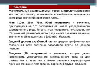 Глоссарий
Максимальный и минимальный уровень зарплат выбираются
как, соответственно, наименьшее и наибольшее значение из
всего ряда значений заработной платы.
N-ая (10-я, 25-я, 75-я, 90-я) перцентиль – величина,
приходящаяся на 1/n расстояния от начала упорядоченного
вариационного ряда. То есть, n-ая перцентиль показывает, что
n% значений ранжированного ряда имеют значения меньшие
значения n-ой перцентили, а (100-n)% - большие.
Средний уровень заработной платы - средняя арифметическая
взвешенная всех значений заработной платы по данной
позиции
Медиана (50 перцентиль) – величина, которая делит
численность упорядоченного вариационного ряда на две
равные части: одна часть имеет значения варьирующего
признака меньшие, чем средний вариант, а другая - большие.

 