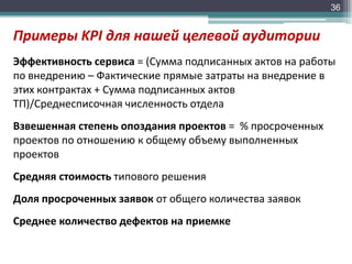 36

Примеры KPI для нашей целевой аудитории
Эффективность сервиса = (Сумма подписанных актов на работы
по внедрению – Фактические прямые затраты на внедрение в
этих контрактах + Сумма подписанных актов
ТП)/Среднесписочная численность отдела

Взвешенная степень опоздания проектов = % просроченных
проектов по отношению к общему объему выполненных
проектов
Средняя стоимость типового решения
Доля просроченных заявок от общего количества заявок
Среднее количество дефектов на приемке

 