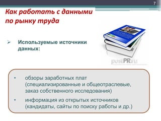 7

Как работать с данными
по рынку труда
Используемые источники
данных:



•

обзоры заработных плат
(специализированные и общеотраслевые,
заказ собственного исследования)

•

информация из открытых источников
(кандидаты, сайты по поиску работы и др.)

 