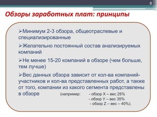 8

Обзоры заработных плат: принципы
Минимум 2-3 обзора, общеотраслевые и
специализированные
Желательно постоянный состав анализируемых
компаний
Не менее 15-20 компаний в обзоре (чем больше,
тем лучше)
Вес данных обзора зависит от кол-ва компанийучастников и кол-ва представленных работ, а также
от того, компании из какого сегмента представлены
в обзоре
(например:
- обзор Х – вес 25%
- обзор У – вес 35%
- обзор Z – вес – 40%).

 
