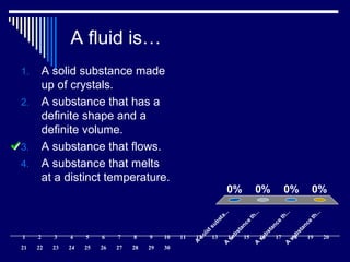 A fluid is…
A
solid
substa...A
substance
th...A
substance
th...A
substance
th...
0% 0%0%0%
1. A solid substance made
up of crystals.
2. A substance that has a
definite shape and a
definite volume.
3. A substance that flows.
4. A substance that melts
at a distinct temperature.
1 2 3 4 5 6 7 8 9 10 11 12 13 14 15 16 17 18 19 20
21 22 23 24 25 26 27 28 29 30
 