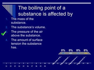 The boiling point of a
substance is affected by
The
m
ass
ofth...The
substance’...The
pressure
o...The
am
ountof...
0% 0%0%0%
1. The mass of the
substance.
2. The substance’s volume.
3. The pressure of the air
above the substance.
4. The amount of surface
tension the substance
has.
1 2 3 4 5 6 7 8 9 10 11 12 13 14 15 16 17 18 19 20
21 22 23 24 25 26 27 28 29 30
 