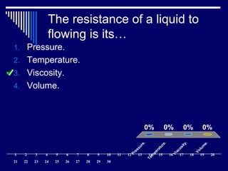 The resistance of a liquid to
flowing is its…
Pressure.
Tem
perature.
Viscosity.
Volum
e.
0% 0%0%0%
1. Pressure.
2. Temperature.
3. Viscosity.
4. Volume.
1 2 3 4 5 6 7 8 9 10 11 12 13 14 15 16 17 18 19 20
21 22 23 24 25 26 27 28 29 30
 