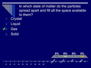 In which state of matter do the particles
spread apart and fill all the space available
to them?
C
rystal
Liquid
G
as
Solid
0% 0%0%0%
1. Crystal
2. Liquid
3. Gas
4. Solid
1 2 3 4 5 6 7 8 9 10 11 12 13 14 15 16 17 18 19 20
21 22 23 24 25 26 27 28 29 30
 