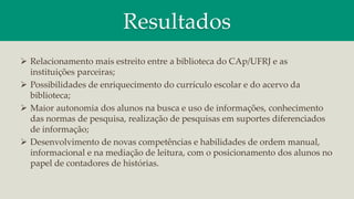 Resultados
 Relacionamento mais estreito entre a biblioteca do CAp/UFRJ e as
instituições parceiras;
 Possibilidades de enriquecimento do currículo escolar e do acervo da
biblioteca;
 Maior autonomia dos alunos na busca e uso de informações, conhecimento
das normas de pesquisa, realização de pesquisas em suportes diferenciados
de informação;
 Desenvolvimento de novas competências e habilidades de ordem manual,
informacional e na mediação de leitura, com o posicionamento dos alunos no
papel de contadores de histórias.
 