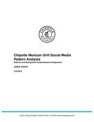   	
  
James Jessup Analytics | Winter Park, FL 32792 | www.jamesjessup.com
Chipotle Mexican Grill Social Media
Pattern Analysis
Patterns and Recognition Comprehensive Assignment
JAMES JESSUP
3.25.2015
 