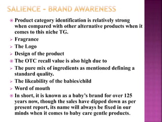  Product category identification is relatively strong
when compared with other alternative products when it
comes to this niche TG.
 Fragrance
 The Logo
 Design of the product
 The OTC recall value is also high due to
 The pure mix of ingredients as mentioned defining a
standard quality.
 The likeability of the babies/child
 Word of mouth
 In short, it is known as a baby’s brand for over 125
years now, though the sales have dipped down as per
present report, its name will always be fixed in our
minds when it comes to baby care gentle products.
 