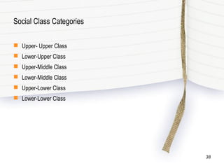 Social Class Categories
 Upper- Upper Class
 Lower-Upper Class
 Upper-Middle Class
 Lower-Middle Class
 Upper-Lower Class
 Lower-Lower Class
38
 
