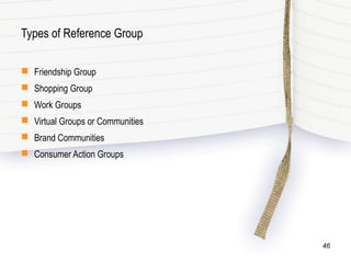 Types of Reference Group
 Friendship Group
 Shopping Group
 Work Groups
 Virtual Groups or Communities
 Brand Communities
 Consumer Action Groups
46
 