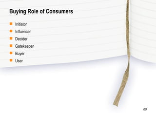 Buying Role of Consumers
 Initiator
 Influencer
 Decider
 Gatekeeper
 Buyer
 User
60
 
