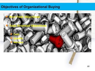 Objectives of Organizational Buying
 Non-Task Objectives
 Task Oriented Objectives
 Cost
 Quality
 Service
68
 