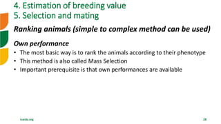 icarda.org 28
Ranking animals (simple to complex method can be used)
Own performance
• The most basic way is to rank the animals according to their phenotype
• This method is also called Mass Selection
• Important prerequisite is that own performances are available
4. Estimation of breeding value
5. Selection and mating
 