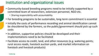 icarda.org 45
• Community-based breeding programs need to be initially supported by a
committed team of researchers, extension personnel, NGO etc.
• Sharing responsibility with accountability
• For breeding programs to be sustainable, long-term commitment is essential
• Initially the costs of performance recording and animal identification cannot
be shouldered by the farmers, so the public/government should pick up such
costs
• In addition, supportive policies should be developed and their
implementations need to be facilitated
• Facilitate access to credit, land, and other resources (e.g. watering points,
rural access roads, livestock auction yards, and market information on
livestock and livestock products)
Institution and organizational issues
 
