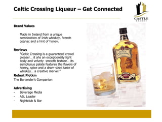 Celtic Crossing Liqueur – Get Connected Brand Values Made in Ireland from a unique combination of Irish whiskey, French cognac and a hint of honey. Reviews “ Celtic Crossing is a guaranteed crowd pleaser… it ahs an exceptionally light body and velvety  smooth texture… its sumptuous palate features the flavors of honey, spice and a dram-sized taste of whiskey… a creative marvel.” Robert Plotkin The Bartender’s Companion Advertising Beverage Media ABL Leader Nightclub & Bar 
