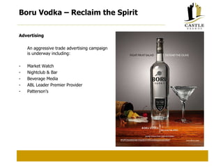 Boru Vodka – Reclaim the Spirit Advertising An aggressive trade advertising campaign is underway including: - Market Watch - Nightclub & Bar - Beverage Media - ABL Leader Premier Provider - Patterson’s 