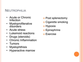 NEUTROPHILIA
 Post splenectomy
 Cigarette smoking
 Hypoxia
 Epinephrine
 Exercise
• Acute or Chronic
Infection
• Myeloprofilerative
disorders
• Acute stress
• Lukemoid reactions
• Drugs (steroids)
• Chronic Inflammation
• Tumors
• Myelophthisis
• Hyperactive marrow
 