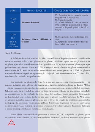 86
SÉRIE TEMA 2: SUPORTES TÓPICOS DE ESTUDO DOS SUPORTES
1º EM
CBC Subtema: Revistas
15. Organização do suporte revista:
relações com o público-alvo
16. Capa de revista
17. Credibilidade do suporte revista:
linha editorial, público-alvo e trata-
mento ideológico-lingüístico da infor-
mação
2º EM
CBC
Todas as
ênfases
curriculares
Subtema: Livros didáticos e
técnicos
18. Perigraﬁa de livros didáticos e téc-
nicos
19. Fatores de legibilidade do texto de
livros didáticos e técnicos
Tema 1: Gêneros
A deﬁnição de ambos os temas do Eixo I — Gêneros e Suportes — fez-se considerando
que todo texto se realiza como gênero e todo gênero circula em algum suporte. Já a indicação
de gêneros por série considerou também a possibilidade do agrupamento dos gêneros por tipo
predominante de discurso.Assim, o 1º EM se ocupará, essencialmente, de gêneros textualizados
como narração ﬁccional ou de relato, como descrição e como poema; o 2º EM, de gêneros
textualizados como exposição, argumentação e injunção, assim como também o 3º e o 4º EM,
conforme discriminado no quadro acima.
Esse conjunto de gêneros do Tema 1, se por um lado necessita complementação — os
gêneros indicados não podem e não devem ser os únicos estudados ao longo do Ensino Médio
—,tem a vantagem,por outro,de estabelecer um corpus comum para a avaliação,fácil de conseguir.
Sabemos todos da necessidade de um corpus dessa natureza: a avaliação de uma mesma habilidade
de compreensão ou de produção de textos pode ter resultados muito diferentes, dependendo
da familiaridade que o aluno tenha ou não com o gênero escolhido para testá-la. Além disso,
os gêneros indicados atendem plenamente aos critérios de seleção de conteúdos, comentados
nesta proposta: funcionam em instâncias públicas de interação lingüística, pertencem a diferentes
domínios da atividade humana,representam setores onde é bastante visível o dinamismo da língua
e exempliﬁcam possibilidades variadas de textualização.
Parece óbvia a necessidade de promover o estudo, no CBC Ampliado, do gênero prova
de concurso, especialmente de concurso vestibular: muitos são os alunos interessados em prestar
 