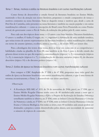 96
Tema 1: Temas, motivos e estilos na literatura brasileira e em outras manifestações culturais
Como forma de desenvolver o estudo formal da literatura brasileira no Ensino Médio,
mantendo o foco da atenção nos textos literários, propomos o estudo comparativo de temas e
motivos constantes na nossa literatura.Trata-se daqueles temas e motivos que, desde a carta de
PeroVaz de Caminha,estão presentes na nossa literatura e também na canção popular e em outras
manifestações culturais — como as concepções de Brasil comoTerra Prometida ou como Paraíso
terreal, do governante como o Pai de Todos, da redenção dos pobres pela fé, entre outros.
Para cada um dos tópicos desse tema — O autor e seu fazer literário, Discursos fundadores,
O amor e a mulher, O índio, O negro, etc. —, sugerimos a elaboração de uma unidade temática,
que reúna textos de autores representativos da literatura brasileira e outras manifestações culturais
em torno do assunto (pintura, escultura, música, cinema...), do século XVI aos nossos dias.
Para a abordagem dos textos desse tema, deve-se levar em conta não só as competências e
habilidades citadas na planilha do Eixo III, mas também as do Eixo I, para o devido estudo dos
gêneros desses textos no que diz respeito à contextualização (tópicos 1 e 2),à tematização (tópicos
3 a 5), à enunciação (tópicos 6 e 7), à textualização do discurso narrativo (tópico 8), do discurso
descritivo (tópico 10) e do discurso poético (tópico 14).
Tema 2: Estilos de época na literatura brasileira e em outras manifestações culturais
Para compor o CBC Ampliado do 3º EM e do 4º EM, propomos uma visão geral dos
estilos de época na literatura brasileira e em outras manifestações culturais, o que é uma forma de
retomar, recursivamente, o Tema 1, desenvolvido nas séries anteriores.
Observação
A Resolução SEE-MG nº. 833, de 24 de novembro de 2006, prevê, no 1º EM, que o•
Ensino Médio Regular Diurno tenha cerca de 40 módulos-aula anuais a mais que o
Ensino Médio Regular Noturno,o EJA e o Projeto de Aceleração de Estudos.Diferença
semelhante também se observa,no 2º EM,entre as ênfases Ciências Humanas e Ciências
da Natureza;e ainda,no 3º EM e no 4º EM,entre as ênfases Ciências Humanas,Ciências
Exatas e Ciências Biológicas.Em todas as séries,esses 40 módulos-aula anuais podem ser
destinados a projetos a serem desenvolvidos pelos alunos, sem necessidade de aumentar
o número de tópicos de conteúdo.
 