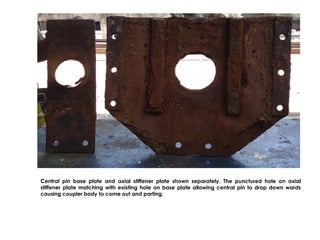 Central pin base plate and axial stiffener plate shown separately. The punctured hole on axial
stiffener plate matching with existing hole on base plate allowing central pin to drop down wards
causing coupler body to come out and parting.
 