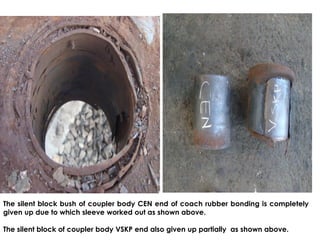The silent block bush of coupler body CEN end of coach rubber bonding is completely
given up due to which sleeve worked out as shown above.
The silent block of coupler body VSKP end also given up partially as shown above.
 