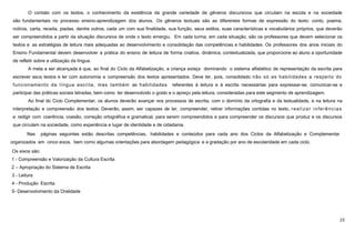 23
O contato com os textos, o conhecimento da existência da grande variedade de gêneros discursivos que circulam na escola e na sociedade
são fundamentais no processo ensino-aprendizagem dos alunos. Os gêneros textuais são as diferentes formas de expressão do texto: conto, poema,
notícia, carta, receita, piadas, dentre outros, cada um com sua finalidade, sua função, seus estilos, suas características e vocabulários próprios, que deverão
ser compreendidos a partir da situação discursiva de onde o texto emergiu. Em cada turma, em cada situação, são os professores que devem selecionar os
textos e as estratégias de leitura mais adequadas ao desenvolvimento e consolidação das competências e habilidades. Os professores dos anos iniciais do
Ensino Fundamental devem desenvolver a prática do ensino de leitura de forma criativa, dinâmica, contextualizada, que proporcione ao aluno a oportunidade
de refletir sobre a utilização da língua.
A meta a ser alcançada é que, ao final do Ciclo da Alfabetização, a criança esteja dominando o sistema alfabético de representação da escrita para
escrever seus textos e ler com autonomia e compreensão dos textos apresentados. Deve ter, pois, consolidado não só as habilidades a respeito do
funcionamento da língua escrita, mas também as habilidades referentes à leitura e à escrita necessárias para expressar-se, comunicar-se e
participar das práticas sociais letradas, bem como ter desenvolvido o gosto e o apreço pela leitura, consideradas para este segmento de aprendizagem.
Ao final do Ciclo Complementar, os alunos deverão avançar nos processos de escrita, com o domínio da ortografia e da textualidade, e na leitura na
interpretação e compreensão dos textos. Deverão, assim, ser capazes de ler, compreender, retirar informações contidas no texto, realizar inferências
e redigir com coerência, coesão, correção ortográfica e gramatical, para serem compreendidos e para compreender os discursos que produz e os discursos
que circulam na sociedade, como experiência e lugar de identidade e de cidadania.
Nas páginas seguintes estão descritas competências, habilidades e conteúdos para cada ano dos Ciclos da Alfabetização e Complementar
organizados em cinco eixos, bem como algumas orientações para abordagem pedagógica e a gradação por ano de escolaridade em cada ciclo.
Os eixos são:
1 - Compreensão e Valorização da Cultura Escrita
2 – Apropriação do Sistema de Escrita
3 - Leitura
4 - Produção Escrita
5- Desenvolvimento da Oralidade
 