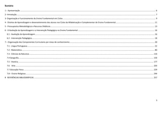 5
Sumário
1 – Apresentação ............................................................................................................................................................................................................................................................... 6
2- Introdução...................................................................................................................................................................................................................................................................... 7
3- Organização e Funcionamento do Ensino Fundamental em Ciclos............................................................................................................................................................................... 9
4 - Direitos de Aprendizagem e desenvolvimento dos alunos nos Ciclos da Alfabetização e Complementar do Ensino Fundamental......................................................................... 11
5 - Pressupostos Metodológicos e Recursos Didáticos.................................................................................................................................................................................................... 13
6 - A Avaliação da Aprendizagem e a Intervenção Pedagógica no Ensino Fundamental ................................................................................................................................................ 16
6.1 - Avaliação da Aprendizagem................................................................................................................................................................................................................................. 16
6.2 - Intervenção Pedagógica....................................................................................................................................................................................................................................... 18
7 – Organização dos Componentes Curriculares por áreas de conhecimento................................................................................................................................................................ 20
7.1 - Língua Portuguesa................................................................................................................................................................................................................................................ 22
7.2 - Matemática.......................................................................................................................................................................................................................................................... 80
7.3 - Ciências da Natureza.......................................................................................................................................................................................................................................... 116
7.4 Geografia.............................................................................................................................................................................................................................................................. 154
7.5 - História............................................................................................................................................................................................................................................................... 177
7.6 Arte.................................................................................................................................................................................................................................................................... 203
7.7 Educação Física .................................................................................................................................................................................................................................................... 229
7.8 – Ensino Religioso................................................................................................................................................................................................................................................. 244
8 REFERÊNCIAS BIBLIOGRÁFICAS ................................................................................................................................................................................................................................. 257
 