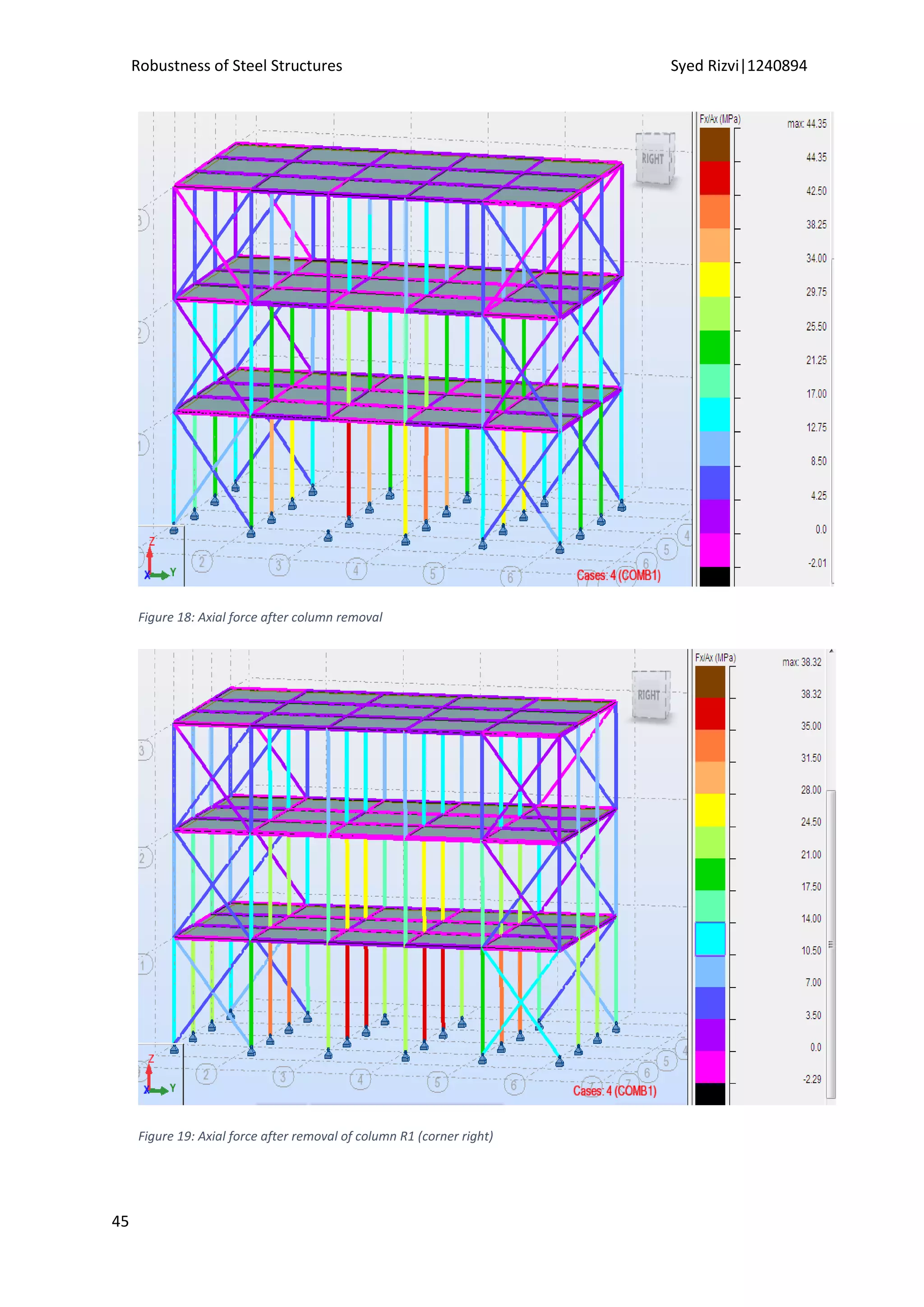 Robustness of Steel Structures Syed Rizvi|1240894
45
Figure 18: Axial force after column removal
Figure 19: Axial force after removal of column R1 (corner right)
 