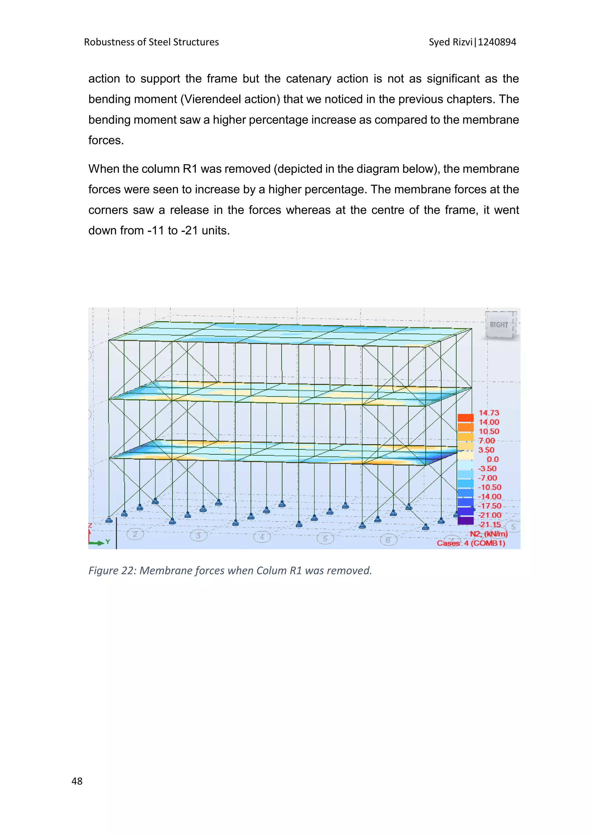 Robustness of Steel Structures Syed Rizvi|1240894
48
action to support the frame but the catenary action is not as significant as the
bending moment (Vierendeel action) that we noticed in the previous chapters. The
bending moment saw a higher percentage increase as compared to the membrane
forces.
When the column R1 was removed (depicted in the diagram below), the membrane
forces were seen to increase by a higher percentage. The membrane forces at the
corners saw a release in the forces whereas at the centre of the frame, it went
down from -11 to -21 units.
Figure 22: Membrane forces when Colum R1 was removed.
 