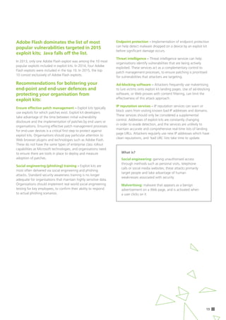 19
In 2013, only one Adobe Flash exploit was among the 10 most
popular exploits included in exploit kits. In 2014, four Adobe
Flash exploits were included in the top 10. In 2015, the top 	
10 consist exclusively of Adobe Flash exploits.
Recommendations for bolstering your
end-point and end-user defences and
protecting your organisation from
exploit kits:
Adobe Flash dominates the list of most
popular vulnerabilities targeted in 2015
exploit kits; 	Java falls off the list.
Ensure effective patch management – Exploit kits typically
use exploits for which patches exist. Exploit kit developers
take advantage of the time between initial vulnerability
disclosure and the implementation of patches by end users or
organisations. Ensuring effective patch management processes
for end-user devices is a critical first step to protect against
exploit kits. Organisations should pay particular attention to
Web browser plugins and technologies such as Adobe Flash.
These do not have the same types of enterprise class rollout
capabilities as Microsoft technologies, and organisations need
to ensure there are tools in place to deploy and measure
adoption of patches.
Social engineering (phishing) training – Exploit kits are 	
most often delivered via social engineering and phishing
attacks. Standard security awareness training is no longer
adequate for organisations that maintain highly sensitive data.
Organisations should implement real world social engineering
testing for key employees, to confirm their ability to respond 	
to actual phishing scenarios.
Endpoint protection – Implementation of endpoint protection
can help detect malware dropped on a device by an exploit kit
before significant damage occurs.
Threat intelligence – Threat intelligence services can help
organisations identify vulnerabilities that are being actively
exploited. These services act as a complementary control to
patch management processes, to ensure patching is prioritised
for vulnerabilities that attackers are targeting.
Ad-blocking software – Attackers frequently use malvertising
to lure victims onto exploit kit landing pages. Use of ad-blocking
software, or Web proxies with content filtering, can limit the
effectiveness of this attack approach.
IP reputation services – IP reputation services can warn or
block users from visiting known bad IP addresses and domains.
These services should only be considered a supplemental
control. Addresses of exploit kits are constantly changing
in order to evade detection, and the services are unlikely to
maintain accurate and comprehensive real-time lists of landing
page URLs. Attackers regularly use new IP addresses which have
clean reputations, and ‘bad URL’ lists take time to update.
What is?
Social engineering: gaining unauthorised access
through methods such as personal visits, telephone
calls or social media websites; these attacks primarily
target people and take advantage of human
weaknesses associated with security
Malvertising: malware that appears as a benign
advertisement on a Web page, and is activated when 	
a user clicks on it
 