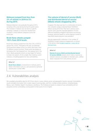 9
Malware jumped from less than
2% of attacks in 2014 to 5%
during 2015.
The volume of denial of service (DoS)
and distributed denial of service
(DDoS) attacks dropped by 39%.
Brute force attacks jumped 	
135% from 2014 levels.
Malware detection rose gradually throughout 2015,
including a 6% jump during the fourth quarter alone.
This increase in malware was not due to a specific
campaign, malware, or source but resulted from
increases in most malware categories across the 	
entire year.
Brute force attacks jumped from less than 2% in 2014 to
almost 7% in 2015. Throughout the year, we detected
SSH brute-force attacks across our entire client base, from
75 different source countries. Threat actors are always on
the lookout for ‘low hanging fruit’, the weakest link in the
chain. Weak passwords remain an easy target for hackers
to break into systems. It’s far simpler than creating custom
malware, or building exploits for new vulnerabilities.
It appears this drop was due to a combination of events.
First, attackers simply conducted fewer DoS/DDoS
attacks during 2015 than they had in previous years.
Second, 2015 saw the improved adoption of more
effective DoS/DDoS mitigation techniques and services.
However, extortion based on victims paying to avoid or
stop DDoS attacks became more prevalent.
We also experienced a reduction in the number of 	
DoS/DDoS incident response engagements, as shown 	
in the section titled Incident response – many still on 	
the back foot.
2.4. Vulnerabilities analysis
We compiled vulnerability data for 2015 from clients in every industry sector and geographic location serviced. Vulnerability
results included information from a wide range of scanning data, and from multiple vendor products, including Qualys,
Nessus, Saint, McAfee, Rapid7, Foundstone, and Retina. The findings are based on analysis of any vulnerability with an
assigned common vulnerability scoring system (CVSS) score of 4.0 or higher.
What is?
Denial of service (DoS) and distributed denial 	
of service (DDoS): attacks which make a machine or
network resource unavailable to intended users; a DDoS
attack originates from many devices at once
What is?
Brute force attack: a trial-and-error method used to
obtain information such as a user password or personal
identification number (PIN)
 