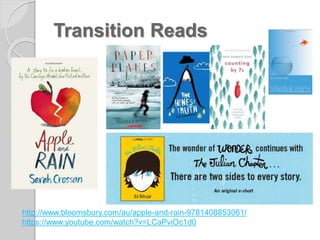 Transition Reads
http://www.bloomsbury.com/au/apple-and-rain-9781408853061/
https://www.youtube.com/watch?v=LCaPviOc1d0
 