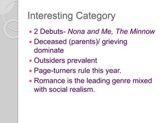 Interesting Category
 2 Debuts- Nona and Me, The Minnow
 Deceased (parents)/ grieving
dominate
 Outsiders prevalent
 Page-turners rule this year.
 Romance is the leading genre mixed
with social realism.
 