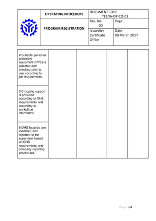 OPERATING PROCEDURE
DOCUMENTCODE
TESDA-OP-CO-01
PROGRAM REGISTRATION
Rev. No.
00
Page
Issued by
Certificate
Office
Date
08 March 2017
P a g e | 61
4.Suitable personal
protective
equipment (PPE) is
selected and
checked prior to
use according to
job requirements.
5.Cropping support
is provided
according to OHS
requirements and
according to
workplace
information.
6.OHS hazards are
identified and
reported to the
supervisor based
on OHS
requirements and
company reporting
procedures.
 