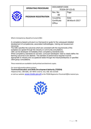 OPERATING PROCEDURE
DOCUMENTCODE
TESDA-OP-CO-01
PROGRAM REGISTRATION
Rev. No.
00
Page
Issued by
Certificate
Office
Date
08 March 2017
P a g e | 72
What isCompetency-BasedCurriculum(CBC)
A competency-based curriculum is a framework or guide for the subsequent detailed
development of competencies, associated methodologies, training and assessment
resources.
The CBC specifies the outcomes which are consistent with the requirements of the
workplace as agreed through the industry or community consultations.
CBC can be developed immediately when competency standards exist.
When competency standards do not exist, curriculum developers need to clearly define the
learning outcomes to be attained. The standard of performance required must be
appropriate to industry and occupational needs through the industry/enterprise or specified
client group consultations.
These materialsare availablein bothprinted and electronic copies.
For moreinformation pleasecontact:
Technical Education and Skills Development Authority (TESDA)
TelephoneNos.:893-8281, 817-4076 to 82 loc. 611, 630, 631 and 635
or visit our website: www.tesda.gov.phortheTESDA Regionalor ProvincialOffice nearest you.
 