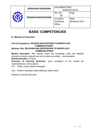 OPERATING PROCEDURE
DOCUMENTCODE
TESDA-OP-CO-01
PROGRAM REGISTRATION
Rev. No.
00
Page
Issued by
Certificate
Office
Date
08 March 2017
P a g e | 9
BASIC COMPETENCIES
B. Modules of Instruction
Unit of Competency: RECEIVE AND RESPOND TO WORKPLACE
COMMUNICATIONS
Modules Title: RECEVING AND RESPONDING TO WORKPLACE
COMMUNICATIONS
Module Descriptor: This module covers the knowledge, skills and attitudes
required to receive, respond and act on verbal and written communication.
Nominal Duration: 27 hours
Summary of Learning Outcomes: Upon completion of this module the
students/trainees will be able to:
LO1. Follow routine spoken messages
LO2. Perform workplace duties following written notice
Details of Learning Outcomes:
 