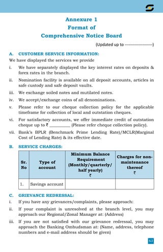 63
Annexure 1
Format of
Comprehensive Notice Board
 (Updated up to --------------------)
A.	 CUSTOMER SERVICE INFORMATION:
We have displayed the services we provide
i.	 We have separately displayed the key interest rates on deposits 
forex rates in the branch.
ii.	 Nomination facility is available on all deposit accounts, articles in
safe custody and safe deposit vaults.
iii.	 We exchange soiled notes and mutilated notes.
iv.	 We accept/exchange coins of all denominations.
v.	 Please refer to our cheque collection policy for the applicable
timeframe for collection of local and outstation cheques.
vi.	 For satisfactory accounts, we offer immediate credit of outstation
cheque up to ` __________ (Please refer cheque collection policy).
vii.	Bank’s BPLR (Benchmark Prime Lending Rate)/MCLR(Marginal
Cost of Lending Rate)  its effective date.
B. 	 SERVICE CHARGES:
Sr.
No
Type of
account
Minimum Balance
Requirement
(Monthly/quarterly/
half yearly)
`
Charges for non-
maintenance
thereof
`
1. Savings account
C.	GRIEVANCE REDRESSAL:
i.	 If you have any grievances/complaints, please approach:
ii.	 If your complaint is unresolved at the branch level, you may
approach our Regional/Zonal Manager at: (Address)
iii.	 If you are not satisfied with our grievance redressal, you may
approach the Banking Ombudsman at: (Name, address, telephone
numbers and e-mail address should be given)
 