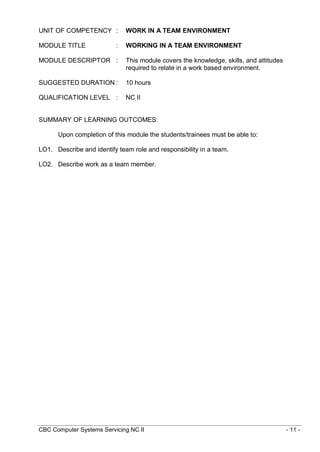 CBC Computer Systems Servicing NC II - 11 -
UNIT OF COMPETENCY : WORK IN A TEAM ENVIRONMENT
MODULE TITLE : WORKING IN A TEAM ENVIRONMENT
MODULE DESCRIPTOR : This module covers the knowledge, skills, and attitudes
required to relate in a work based environment.
SUGGESTED DURATION : 10 hours
QUALIFICATION LEVEL : NC II
SUMMARY OF LEARNING OUTCOMES:
Upon completion of this module the students/trainees must be able to:
LO1. Describe and identify team role and responsibility in a team.
LO2. Describe work as a team member.
 