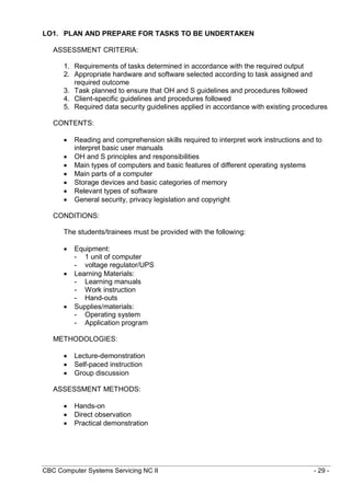 CBC Computer Systems Servicing NC II - 29 -
LO1. PLAN AND PREPARE FOR TASKS TO BE UNDERTAKEN
ASSESSMENT CRITERIA:
1. Requirements of tasks determined in accordance with the required output
2. Appropriate hardware and software selected according to task assigned and
required outcome
3. Task planned to ensure that OH and S guidelines and procedures followed
4. Client-specific guidelines and procedures followed
5. Required data security guidelines applied in accordance with existing procedures
CONTENTS:
 Reading and comprehension skills required to interpret work instructions and to
interpret basic user manuals
 OH and S principles and responsibilities
 Main types of computers and basic features of different operating systems
 Main parts of a computer
 Storage devices and basic categories of memory
 Relevant types of software
 General security, privacy legislation and copyright
CONDITIONS:
The students/trainees must be provided with the following:
 Equipment:
- 1 unit of computer
- voltage regulator/UPS
 Learning Materials:
- Learning manuals
- Work instruction
- Hand-outs
 Supplies/materials:
- Operating system
- Application program
METHODOLOGIES:
 Lecture-demonstration
 Self-paced instruction
 Group discussion
ASSESSMENT METHODS:
 Hands-on
 Direct observation
 Practical demonstration
 