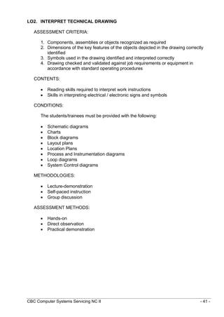 CBC Computer Systems Servicing NC II - 41 -
LO2. INTERPRET TECHNICAL DRAWING
ASSESSMENT CRITERIA:
1. Components, assemblies or objects recognized as required
2. Dimensions of the key features of the objects depicted in the drawing correctly
identified
3. Symbols used in the drawing identified and interpreted correctly
4. Drawing checked and validated against job requirements or equipment in
accordance with standard operating procedures
CONTENTS:
 Reading skills required to interpret work instructions
 Skills in interpreting electrical / electronic signs and symbols
CONDITIONS:
The students/trainees must be provided with the following:
 Schematic diagrams
 Charts
 Block diagrams
 Layout plans
 Location Plans
 Process and Instrumentation diagrams
 Loop diagrams
 System Control diagrams
METHODOLOGIES:
 Lecture-demonstration
 Self-paced instruction
 Group discussion
ASSESSMENT METHODS:
 Hands-on
 Direct observation
 Practical demonstration
 
