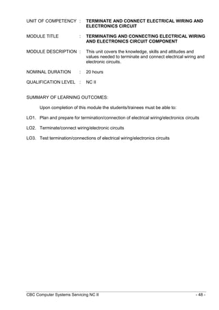 CBC Computer Systems Servicing NC II - 48 -
UNIT OF COMPETENCY : TERMINATE AND CONNECT ELECTRICAL WIRING AND
ELECTRONICS CIRCUIT
MODULE TITLE : TERMINATING AND CONNECTING ELECTRICAL WIRING
AND ELECTRONICS CIRCUIT COMPONENT
MODULE DESCRIPTION : This unit covers the knowledge, skills and attitudes and
values needed to terminate and connect electrical wiring and
electronic circuits.
NOMINAL DURATION : 20 hours
QUALIFICATION LEVEL : NC II
SUMMARY OF LEARNING OUTCOMES:
Upon completion of this module the students/trainees must be able to:
LO1. Plan and prepare for termination/connection of electrical wiring/electronics circuits
LO2. Terminate/connect wiring/electronic circuits
LO3. Test termination/connections of electrical wiring/electronics circuits
 