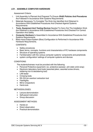 CBC Computer Systems Servicing NC II - 55 -
LO1. ASSEMBLE COMPUTER HARDWARE
Assessment Criteria:
1. Unit Assembly Is Planned And Prepared To Ensure Oh&S Policies And Procedures
Are Followed In Accordance With Systems Requirements
2. Materials Necessary To Complete The Work Are Identified And Obtained In
Accordance With Established Procedures And Checked Against Systems
Requirements
3. Tools, Equipment And Testing Devices Needed To Carry Out The Installation Work
Are Obtained In Accordance With Established Procedures And Checked For Correct
Operation And Safety
4. Computer Hardware Is Assembled In Accordance With Established Procedures And
Systems Requirements
5. Basic-Input-Output-System (Bios) Configuration Is Performed In Accordance With
Hardware Requirements.
CONTENTS:
 Safety procedures
 Basic terms, concepts, functions and characteristics of PC hardware components
 Structure of operating systems
 Familiarization with the various computer systems’ components and peripherals
 system configuration/ settings of computer systems and devices
CONDITIONS:
The students/trainees must be provided with the following:
 Personal Protective equipment ( ex. protective eyewear, anti static wrist wrap)
 Electronic laboratory hand tools (assorted pliers, assorted screw drivers,
soldering iron & desoldering tool)
 LAN tester
 Crimping tools
 RS 232 pin exertion/ extraction tool
 Flashlights
 Mirror (inspection)
 Hand-outs
METHODOLOGIES:
 Lecture-demonstration
 Self-paced instruction
 Group discussion
ASSESSMENT METHODS:
 Hands-on
 Direct observation
 Practical demonstration
 