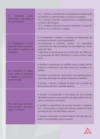 15.1. Analisar e compreender as mudanças na organização
15.    Mudanças      sócio-    do trabalho e a diversificação econômica no Império.
econômicas, crise política e   15.2. Analisar e discutir: o abolicionismo, o republicanismo
fim da monarquia               e a guerra do Paraguai.
                               15.3. Analisar as tensões no interior do Estado: a Coroa em
                               conflito com os militares e a igreja.



                               • Compreender e analisar o processo de implantação da
                               monarquia no Brasil e sua singularidade.
VI. O Imperador e a Consti-    • Compreender o contexto político da Assembléia
tuição de 1824: fundamen-      Constituinte de 1823,resultando na formulação da Consti-
tos jurídicos e políticos da   tuição de 1824.
monarquia                      • Identificar as linhas gerais da Constituição de 1988 com
                               a Constituição de 1824, sobretudo no que se refere à cida-
                               dania.

                               • Analisar e caracterizar os conflitos entre o poder centra-
                               lizador e o federalismo das elites provinciais (revoltas e re-
VII. Centralismo X federa-     beliões).
lismo, ordem X desordem
                               • Analisar o processo de “pacificação” das rebeliões provin-
na Regência e início do Se-
                               ciais como afirmação do estado monárquico brasileiro.
gundo Reinado
                               • Analisar e discutir a relação do Brasil com os países da
                               Bacia do Rio da Prata: questões platinas.


                               • Analisar e compreender a formulação de uma primeira
                               identidade nacional como projeto das elites políticas do Im-
                               pério, e, portanto, excludente.
VIII. Construção da identi-
                               • Analisar a importância das escolas literárias (“indigenis-
dade nacional: “branquea-
                               mo”, romantismo) e criação de institutos acadêmicos para
mento” e elitismo
                               constituição de uma identidade nacional.

                               • Analisar a educação no Brasil imperial: exclusão das mu-
                               lheres e da população pobre e escrava.




                                                                                      27
 