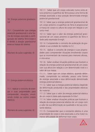 29
10. Energia potencial gravitacio-
nal
10.1. Compreender que energia
potencial gravitacional é uma for-
ma de energia associada à conﬁ-
guração do sistema Terra-corpo e
é devida à atração gravitacional
entre as massas do sistema.
(Número de aulas sugeridas: 4)
10.1.1. Saber que um corpo colocado numa certa al-
tura próximo à superfície da Terra possui uma forma de
energia associada a essa posição denominada energia
potencial gravitacional.
10.1.2. Saber que a energia potencial gravitacional de
um corpo próximo à superfície da Terra é proporcional
à massa do corpo e à altura do corpo em relação a um
certo nível.
10.1.3. Saber que o valor da energia potencial gravi-
tacional de um corpo próximo à superfície da Terra é
dado pela expressão E=mgh.
10.1.4. Compreender o conceito de aceleração da gra-
vidade e sua unidade de medida no S.I.
10.1.5. Aplicar o conceito de energia e suas proprie-
dades para compreender situações envolvendo corpos
que se movimentam de maiores para menores alturas,
e vice-versa.
10.1.6. Saber analisar situações práticas que ilustram a
relação da energia potencial gravitacional de um corpo
com sua altura em relação a um determinado nível e o
valor de sua massa.
11. Energia potencial elástica
11.1. Aplicar o conceito de ener-
gia e suas propriedades para
compreender situações envol-
vendo molas ou outros corpos
elásticos.
(Número de aulas sugeridas: 4)
11.1.1. Saber que um corpo elástico, quando defor-
mado, comprimido ou esticado, possui uma forma
de energia associada a essa deformação denominada
energia potencial elástica.
11.1.2. Saber que a energia potencial elástica depende
da deformação produzida e das propriedades elásticas
do material.
11.1.3. Saber que o valor da energia potencial elástica
de um corpo é dado pela expressão E=½kx².
11.1.4. Saber analisar situações práticas que ilustram a
relação da energia potencial elástica de um corpo com
o valor da sua deformação ao quadrado e da sua cons-
tante elástica.
11.1.5. Compreender que a constante elástica é uma
propriedade do corpo e está associada a uma maior ou
menor diﬁculdade de deformar esse corpo.
 