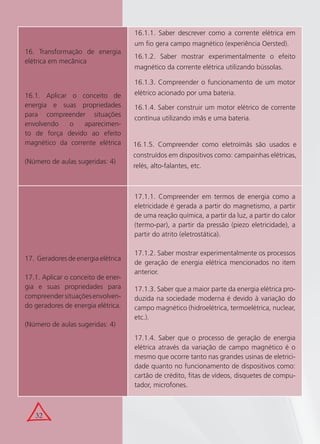 32
16. Transformação de energia
elétrica em mecânica
16.1. Aplicar o conceito de
energia e suas propriedades
para compreender situações
envolvendo o aparecimen-
to de força devido ao efeito
magnético da corrente elétrica
(Número de aulas sugeridas: 4)
16.1.1. Saber descrever como a corrente elétrica em
um ﬁo gera campo magnético (experiência Oersted).
16.1.2. Saber mostrar experimentalmente o efeito
magnético da corrente elétrica utilizando bússolas.
16.1.3. Compreender o funcionamento de um motor
elétrico acionado por uma bateria.
16.1.4. Saber construir um motor elétrico de corrente
contínua utilizando imãs e uma bateria.
16.1.5. Compreender como eletroímãs são usados e
construídos em dispositivos como: campainhas elétricas,
relés, alto-falantes, etc.
17. Geradores de energia elétrica
17.1. Aplicar o conceito de ener-
gia e suas propriedades para
compreendersituaçõesenvolven-
do geradores de energia elétrica.
(Número de aulas sugeridas: 4)
17.1.1. Compreender em termos de energia como a
eletricidade é gerada a partir do magnetismo, a partir
de uma reação química, a partir da luz, a partir do calor
(termo-par), a partir da pressão (piezo eletricidade), a
partir do atrito (eletrostática).
17.1.2. Saber mostrar experimentalmente os processos
de geração de energia elétrica mencionados no item
anterior.
17.1.3. Saber que a maior parte da energia elétrica pro-
duzida na sociedade moderna é devido à variação do
campo magnético (hidroelétrica, termoelétrica, nuclear,
etc.).
17.1.4. Saber que o processo de geração de energia
elétrica através da variação de campo magnético é o
mesmo que ocorre tanto nas grandes usinas de eletrici-
dade quanto no funcionamento de dispositivos como:
cartão de crédito, ﬁtas de vídeos, disquetes de compu-
tador, microfones.
 