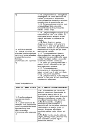 4) 13.1.3. Compreender que a aplicação de
uma força em um corpo, realizando um
trabalho, pode produzir aquecimento,
como, por exemplo: atritando dois corpos,
comprimindo o ar numa bomba, etc.
13.1.4. Compreender que um corpo pode
ser aquecido por dois processos:
fornecendo calor a ele ou realizando
trabalho sobre o corpo.
14. Máquinas térmicas
14.1. Aplicar o conceito de
energia e suas propriedades
para compreender situações
envolvendo máquinas
térmicas.
(Número de aulas sugeridas:
4)
14.1.1. Compreender processos em que o
fornecimento de calor a um sistema, ou
corpo, pode produzir aumento de seu
volume, resultando na realização de
trabalho.
14.1.2. Saber descrever, usando
diagramas, processos onde uma fonte
quente fornece calor a um gás contido
num cilindro fechado por um pistão móvel,
destacando as situações em que ocorre
realização de trabalho.
14.1.3. Compreender que o sistema
cilindro-gás poderá representar uma
máquina térmica se o pistão voltar à sua
posição inicial para realizar a expansão
novamente, em ciclos sucessivos.
14.1.4. Saber que, para o pistão voltar à
posição inicial, é necessário que o gás
ceda calor para o ambiente.
14.1.5. Compreender que o
funcionamento de máquinas térmicas
requer sempre troca de calor entre duas
fontes, uma quente e outra fria.
14.1.6. Compreender que, numa máquina
térmica, só uma parte do calor fornecido é
transformado em trabalho.
Tema 6: Energia Elétrica
TÓPICOS / HABILIDADES DETALHAMENTO DAS HABILIDADES
15. Transformações de
energia nos circuitos
elétricos
15.1. Aplicar o conceito de
energia e suas propriedades
para compreender situações
envolvendo circuitos
elétricos simples.
(Número de aulas sugeridas:
4)
15.1.1. Compreender que um circuito
elétrico é constituído, basicamente, de
uma fonte de energia elétrica, de
dispositivos de transformação de energia
elétrica em outro tipo de energia e de
conexões entre esses dois elementos.
15.1.2. Compreender a função de
diferentes dispositivos elétricos e
eletrônicos em um circuito em termos da
transformação de energia, como, por
exemplo: lâmpadas, alto-falante,
resistência elétrica, motor elétrico, led,
etc.
15.1.3. Saber montar circuitos elétricos
simples, série e paralelo, utilizando uma
fonte para fazer funcionar alguns
dispositivos elétricos.
 