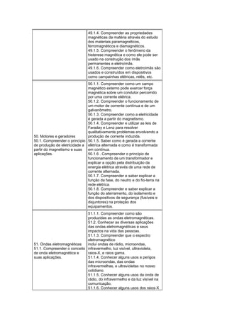 49.1.4. Compreender as propriedades
magnéticas da matéria através do estudo
dos materiais paramagnéticos,
ferromagnéticos e diamagnéticos.
49.1.5. Compreender o fenômeno da
histerese magnética e como ele pode ser
usado na construção dos ímãs
permanentes e eletroímãs.
49.1.6. Compreender como eletroímãs são
usados e construídos em dispositivos
como campainhas elétricas, relés, etc.
50. Motores e geradores
50.1. Compreender o princípio
de produção de eletricidade a
partir do magnetismo e suas
aplicações.
50.1.1. Compreender como um campo
magnético externo pode exercer força
magnética sobre um condutor percorrido
por uma corrente elétrica.
50.1.2. Compreender o funcionamento de
um motor de corrente contínua e de um
galvanômetro.
50.1.3. Compreender como a eletricidade
é gerada a partir do magnetismo.
50.1.4. Compreender e utilizar as leis de
Faraday e Lenz para resolver
qualitativamente problemas envolvendo a
produção de corrente induzida.
50.1.5. Saber como é gerada a corrente
elétrica alternada e como é transformada
em contínua.
50.1.6 . Compreender o princípio de
funcionamento de um transformador e
explicar a opção pela distribuição da
energia elétrica através de uma rede de
corrente alternada.
50.1.7. Compreender e saber explicar a
função da fase, do neutro e do fio-terra na
rede elétrica.
50.1.8. Compreender e saber explicar a
função do aterramento, do isolamento e
dos dispositivos de segurança (fusíveis e
disjuntores) na proteção dos
equipamentos.
51. Ondas eletromagnéticas
51.1. Compreender o conceito
de onda eletromagnética e
suas aplicações.
51.1.1. Compreender como são
produzidas as ondas eletromagnéticas.
51.2. Conhecer as diversas aplicações
das ondas eletromagnéticas e seus
impactos na vida das pessoas.
51.1.3. Compreender que o espectro
eletromagnético
inclui ondas de rádio, microondas,
infravermelho, luz visível, ultravioleta,
raios-X, e raios gama.
51.1.4. Conhecer alguns usos e perigos
das microondas, das ondas
infravermelhas, e ultravioletas no nosso
cotidiano.
51.1.5. Conhecer alguns usos da onda de
rádio, do infravermelho e da luz visível na
comunicação.
51.1.6. Conhecer alguns usos dos raios-X
 