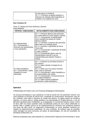 e raios gama na medicina.
51.1.7. Conhecer os efeitos benéficos e
danosos da radiação eletromagnética na
matéria e nos organismos vivos.
Eixo Temático VII
Tema 17: Noções de Física Quântica e Nuclear
Física Moderna
TÓPICOS / HABILIDADES DETALHAMENTO DAS HABILIDADES
52. Radioatividade
52.1. Compreender o
fenômeno da radioatividade
e suas aplicações.
52.1.1. Conhecer algumas das partículas
do núcleo atômico e suas cargas e massas.
52.1.2 . Compreender a radioatividade
como resultado da quebra do núcleo
atômico instável.
52.1.3. Conhecer a natureza das partículas
alfa e beta e da radiação gama.
52.1.4. Conhecer o significado do termo
“meia vida”.
52.1.5. Compreender o significado de fissão
e fusão nucleares.
52.1.6. Compreender alguns usos da
radioatividade incluindo o uso de
radioatividade para datarem fósseis e
rochas.
53. Efeito fotoelétrico
53.1. Compreender o efeito
fotoelétrico e suas
aplicações.
53.1.1. Conhecer os conceitos de fóton e
de quantum.
53.1.2. Saber calcular a energia de um
quantum.
53.1.3. Saber que a luz possui natureza
dual: onda ou partícula.
53.1.4. Compreender o efeito fotoelétrico e
a função trabalho dos metais.
53.1.5. Compreender o funcionamento de
uma célula fotoelétrica.
53.1.6. Saber resolver problemas
envolvendo o efeito fotoelétrico.
Apêndice
A Metodologia de Projeto como uma Proposta Pedagógica Interdisciplinar
Os avanços tecnológicos a que assistimos no final do século XX nos permitiram antever uma
outra explosão no princípio do século XXI: a explosão do conhecimento. Precisamos, hoje em
dia, conhecer mais sobre a estrutura do núcleo dos átomos, as idéias-chaves da mecânica
quântica, um pouco sobre o código genético e as descobertas do Projeto Genoma, o uso de
alimentos geneticamente modificados, as investigações no Continente Antártico sobre o clima
da terra, além de outras questões antes consideradas partes de uma cultura sofisticada ou
esnobe. Mas o cidadão comum se vê cotidianamente em confronto com problemas diversos
aos quais ele deve emitir um julgamento fundamentado ou tomar decisões razoáveis em
matéria de desenvolvimento sustentável, de meio ambiente, de bioética (veja as questões
sobre clonagem de seres humanos), de saúde, de aprendizagem, de vida em sociedade, de
atividades profissionais, etc.
Estamos preparados para esta explosão do conhecimento? Dispomos de ferramentas e novas
 